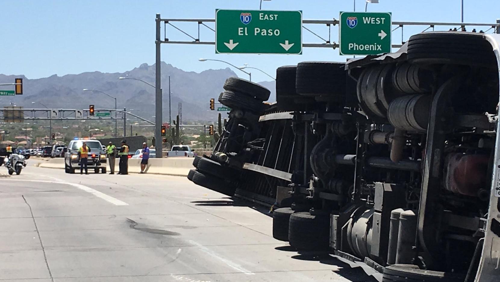 Overturned semi closes eastbound Miracle Mile exit